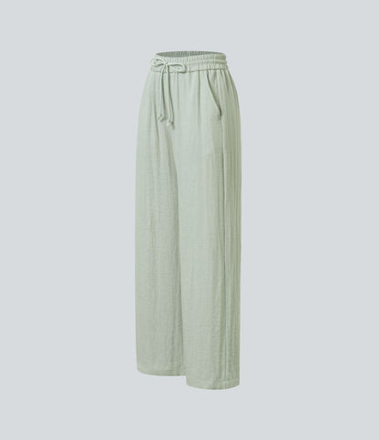 Palazzo - Pantalon large fluide taille haute avec cordon de serrage, aspect lin
