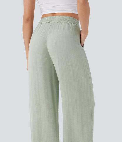 Palazzo - Pantalon large fluide taille haute avec cordon de serrage, aspect lin