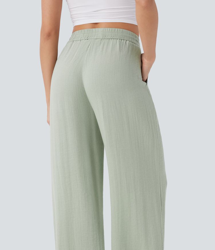 Palazzo - Pantalon large fluide taille haute avec cordon de serrage, aspect lin