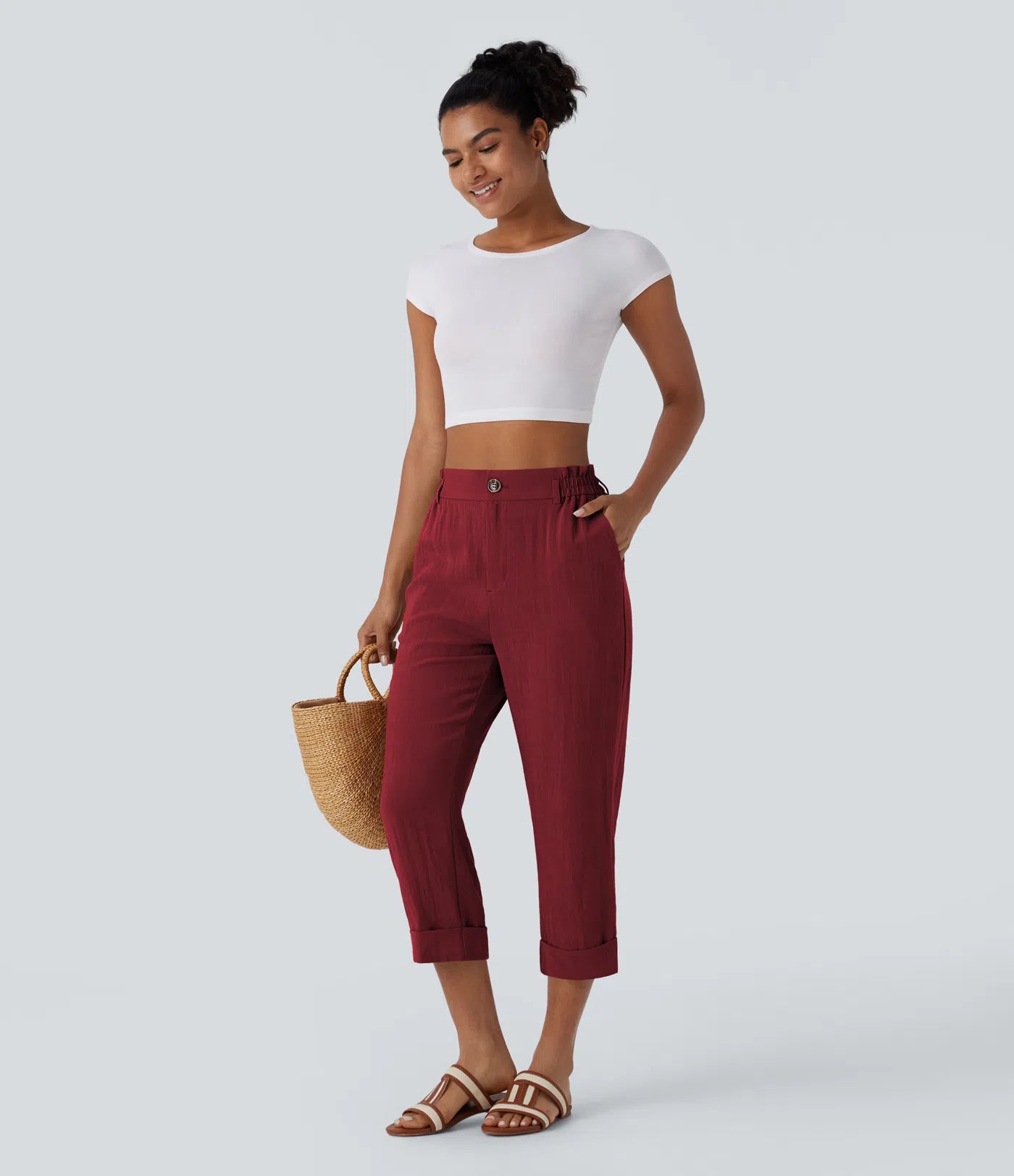 Marie - pantalon capri effet lin taille haute avec poches zippées
