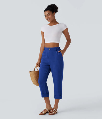 Marie - pantalon capri effet lin taille haute avec poches zippées
