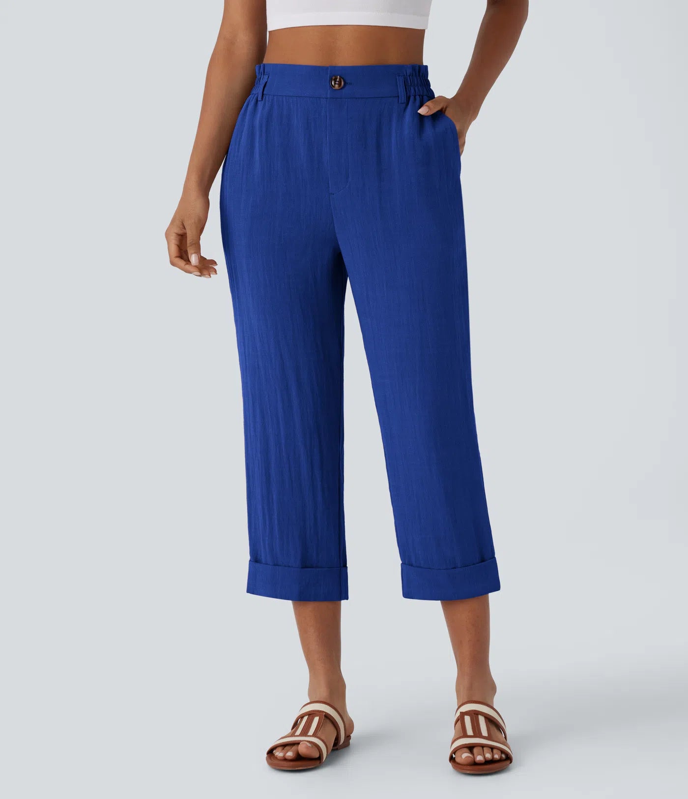 Marie - pantalon capri effet lin taille haute avec poches zippées