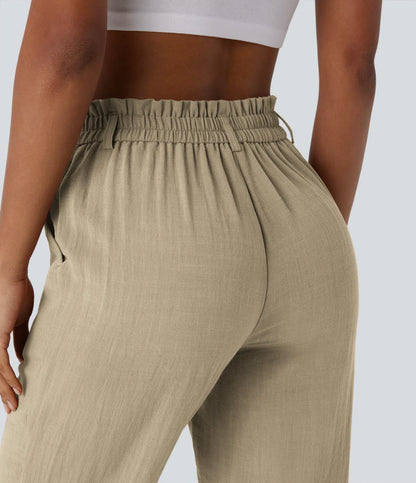 Marie - pantalon capri effet lin taille haute avec poches zippées