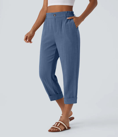Marie - pantalon capri effet lin taille haute avec poches zippées