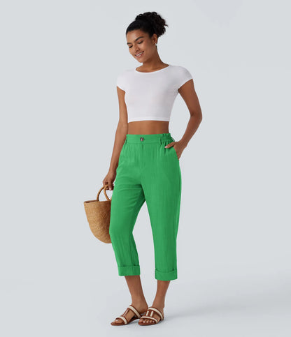 Marie - pantalon capri effet lin taille haute avec poches zippées
