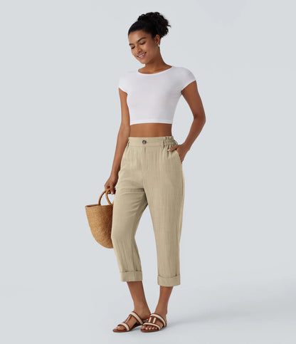Marie - pantalon capri effet lin taille haute avec poches zippées