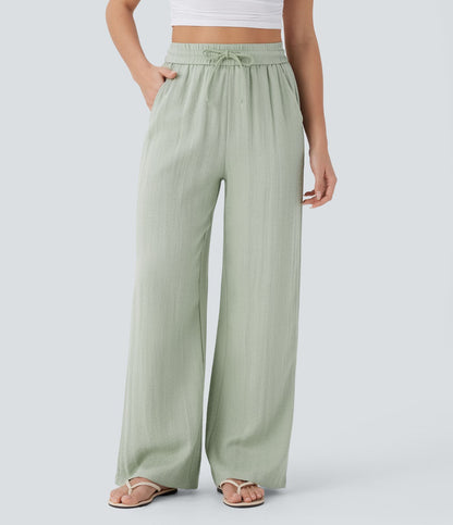Palazzo - Pantalon large fluide taille haute avec cordon de serrage, aspect lin