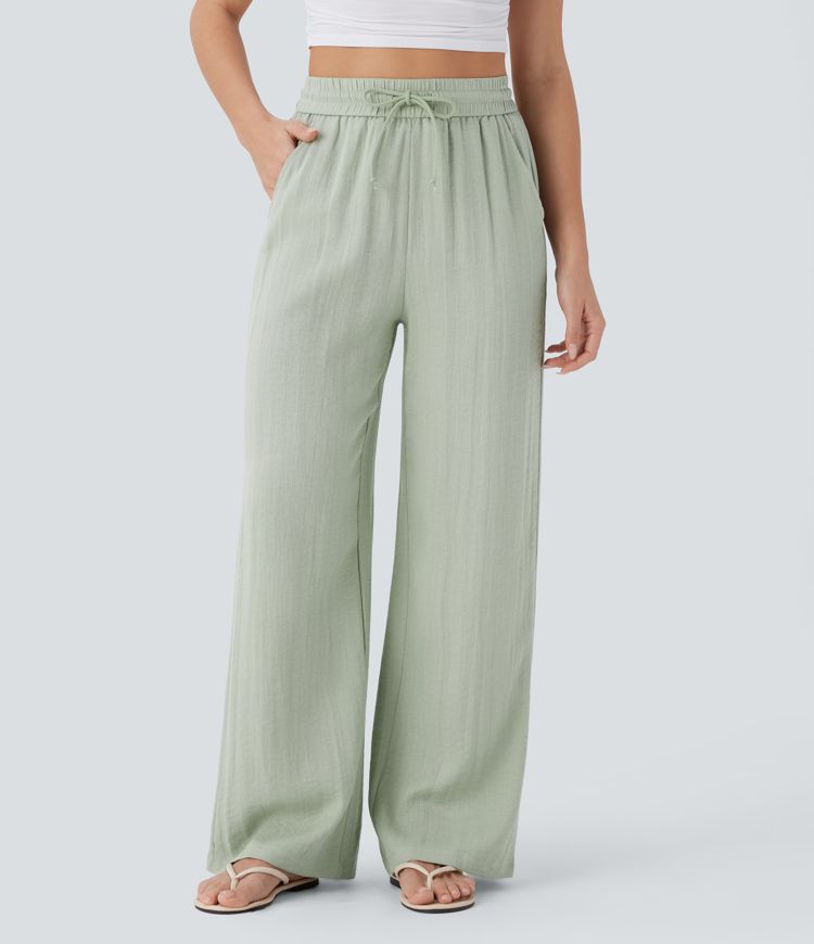 Palazzo - Pantalon large fluide taille haute avec cordon de serrage, aspect lin