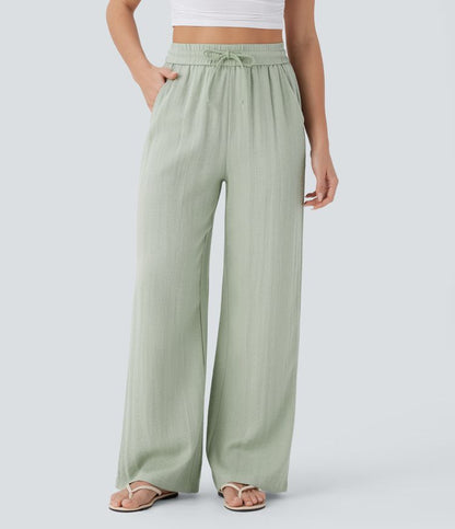 Palazzo - Pantalon large fluide taille haute avec cordon de serrage, aspect lin