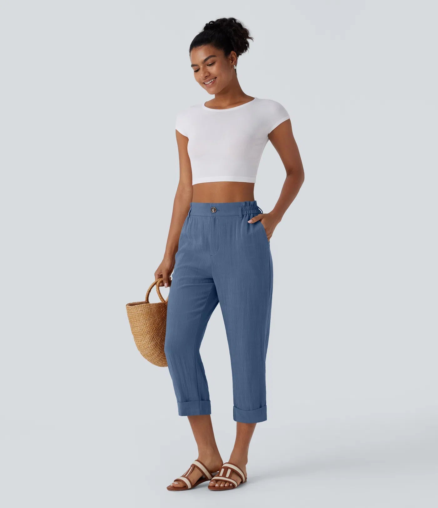 Marie - pantalon capri effet lin taille haute avec poches zippées
