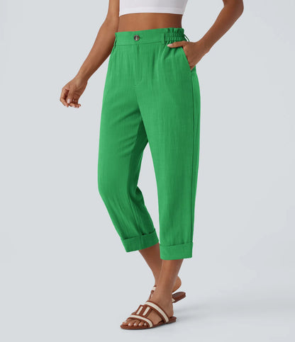 Marie - pantalon capri effet lin taille haute avec poches zippées