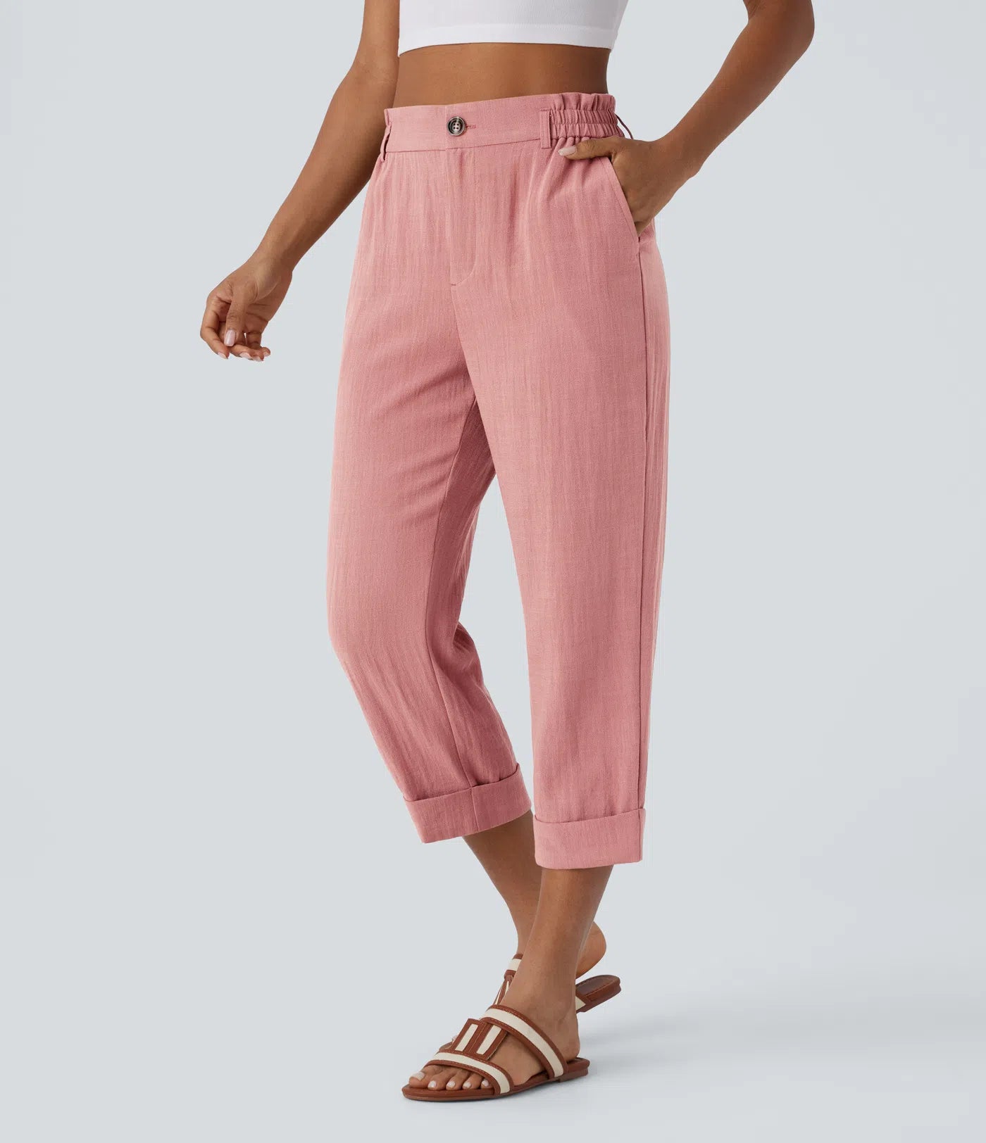 Marie - pantalon capri effet lin taille haute avec poches zippées