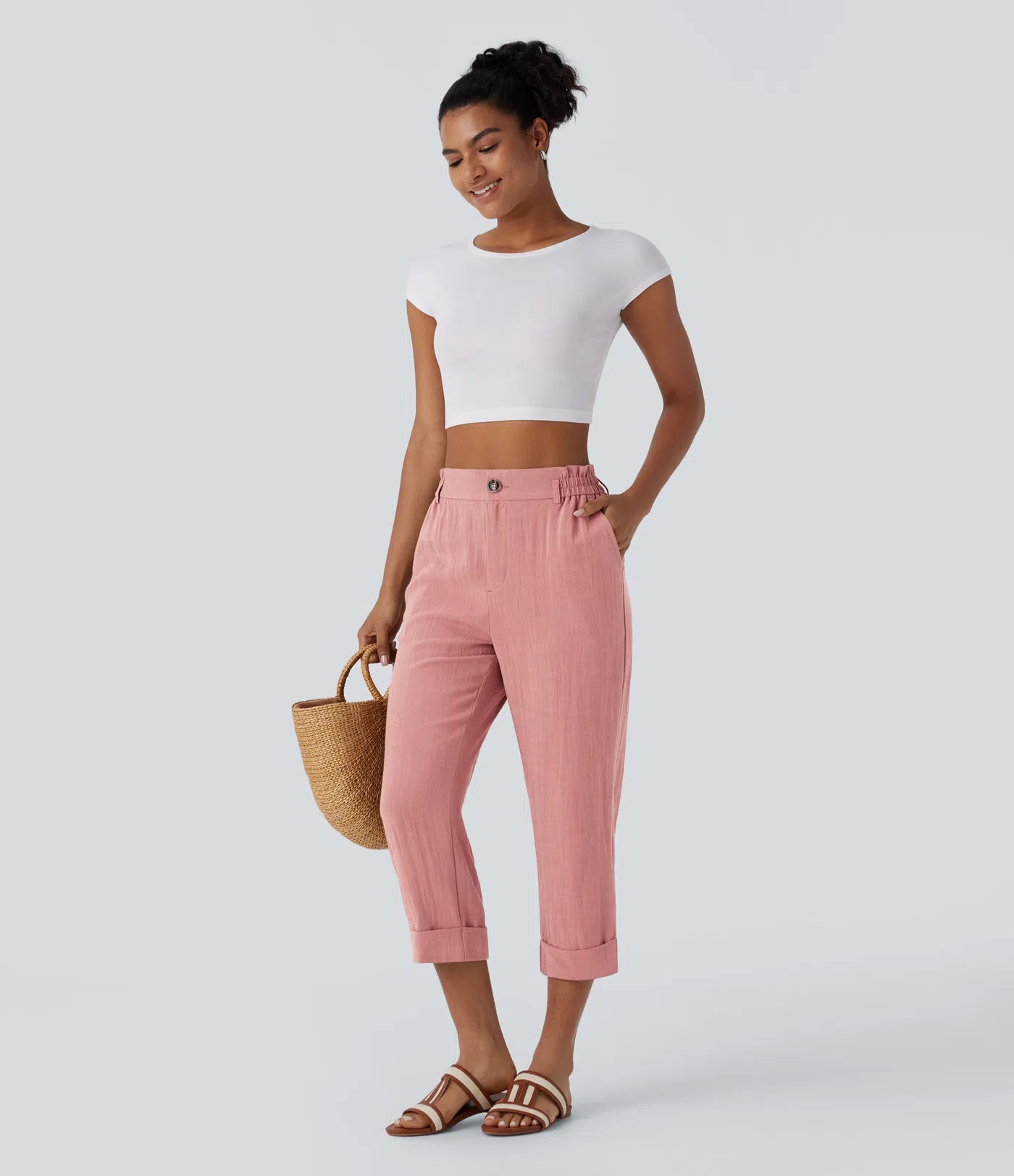 Marie - pantalon capri effet lin taille haute avec poches zippées