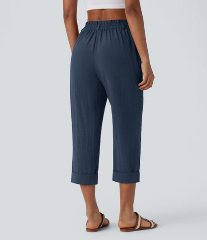 Marie - pantalon capri effet lin taille haute avec poches zippées