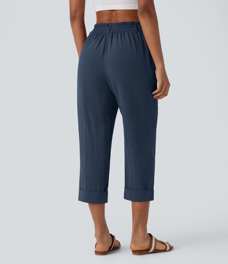 Marie - pantalon capri effet lin taille haute avec poches zippées