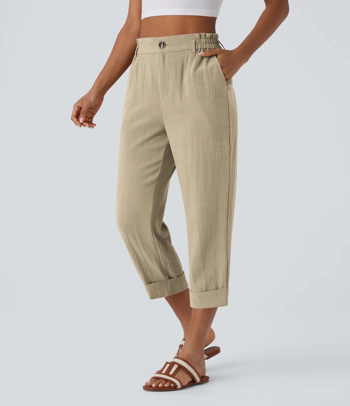 Marie - pantalon capri effet lin taille haute avec poches zippées
