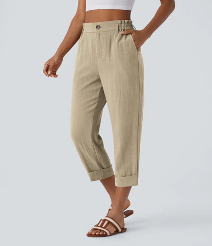 Marie - pantalon capri effet lin taille haute avec poches zippées