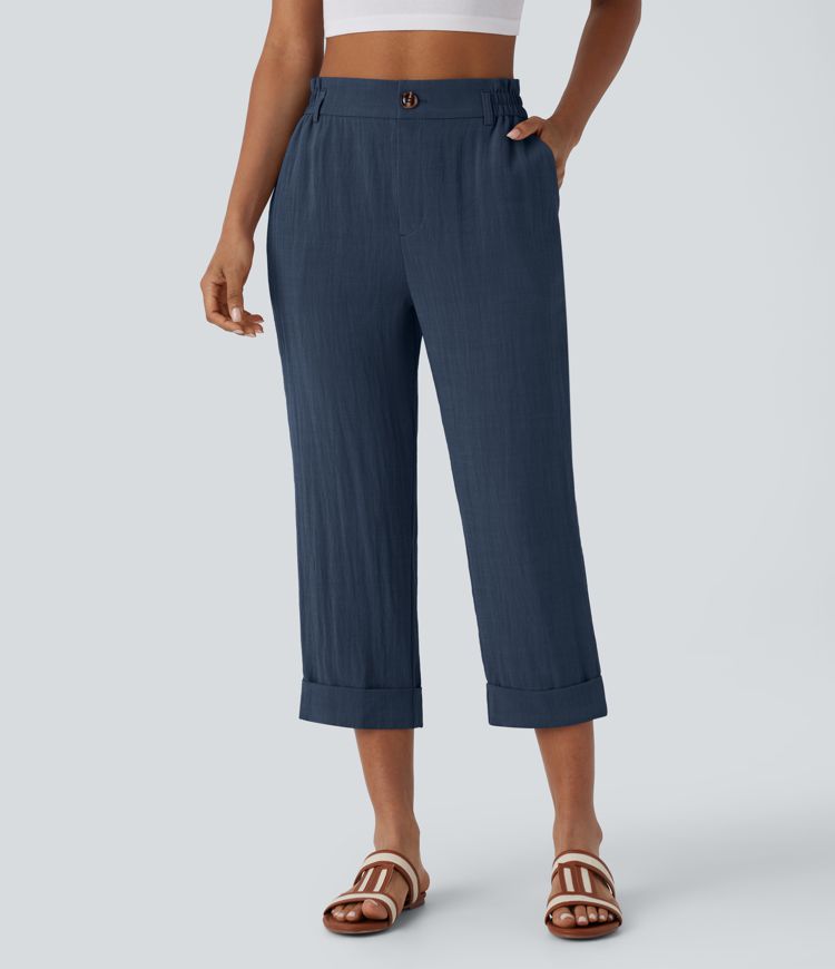 Marie - pantalon capri effet lin taille haute avec poches zippées