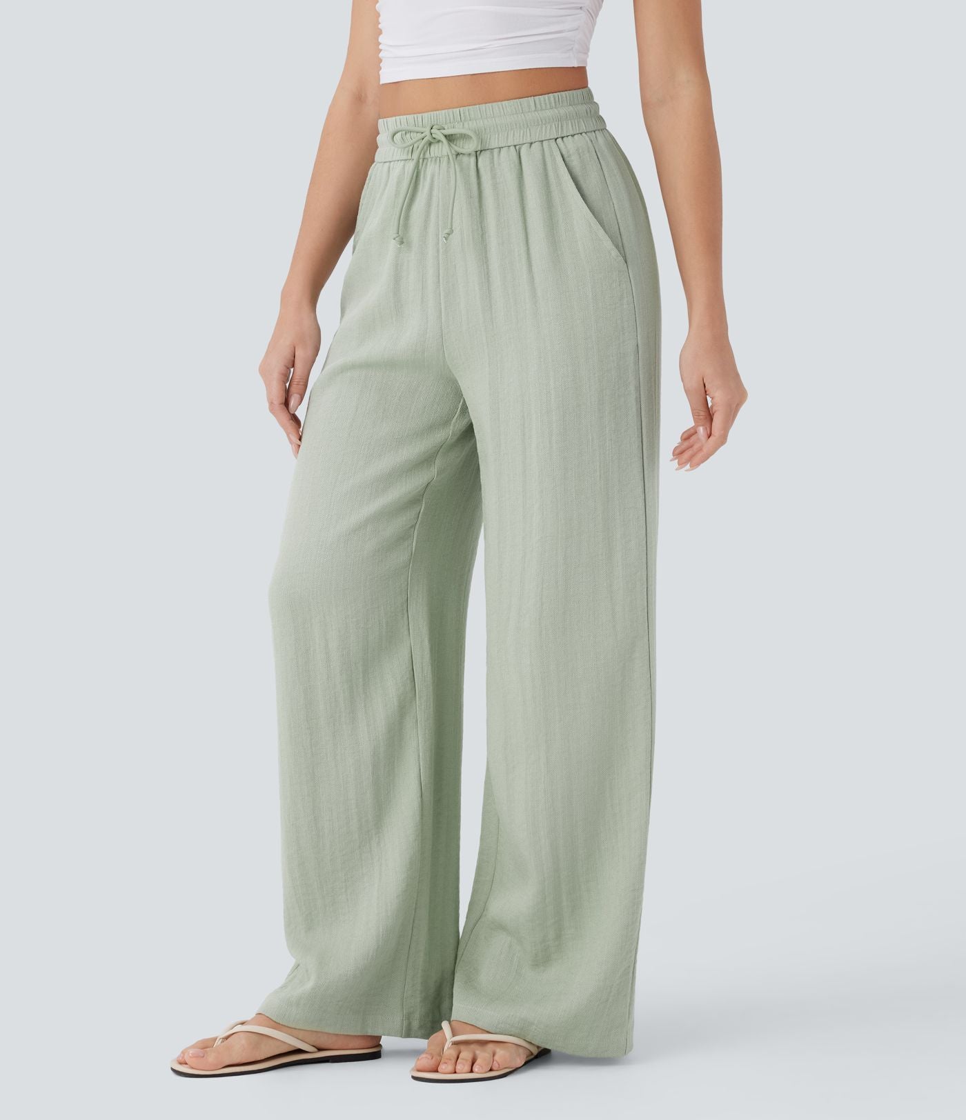 Palazzo - Pantalon large fluide taille haute avec cordon de serrage, aspect lin