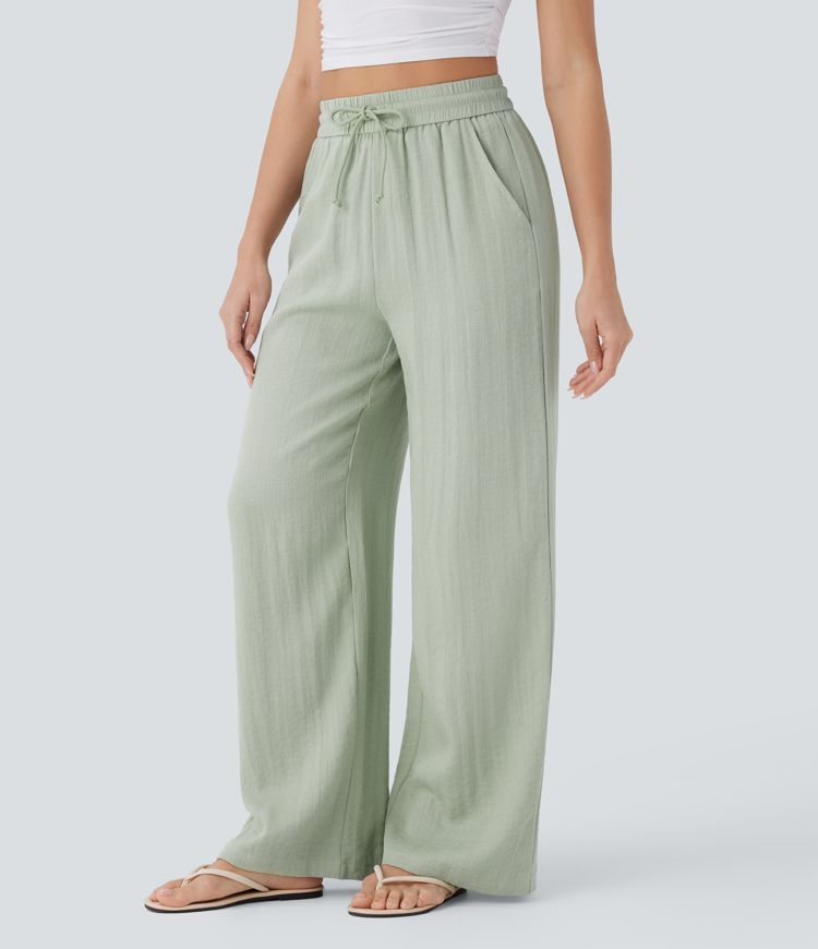 Palazzo - Pantalon large fluide taille haute avec cordon de serrage, aspect lin