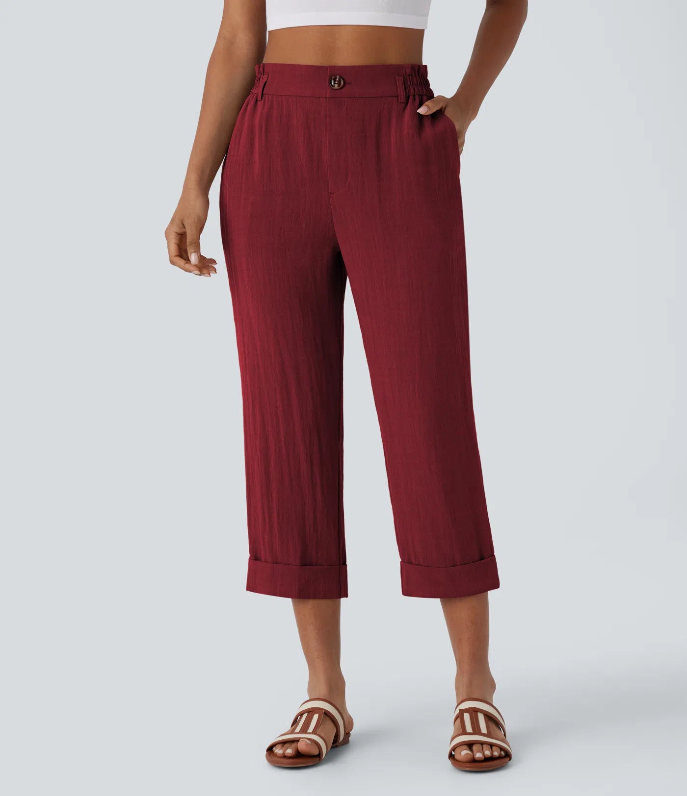 Marie - pantalon capri effet lin taille haute avec poches zippées