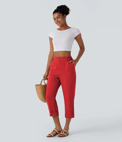Marie - pantalon capri effet lin taille haute avec poches zippées