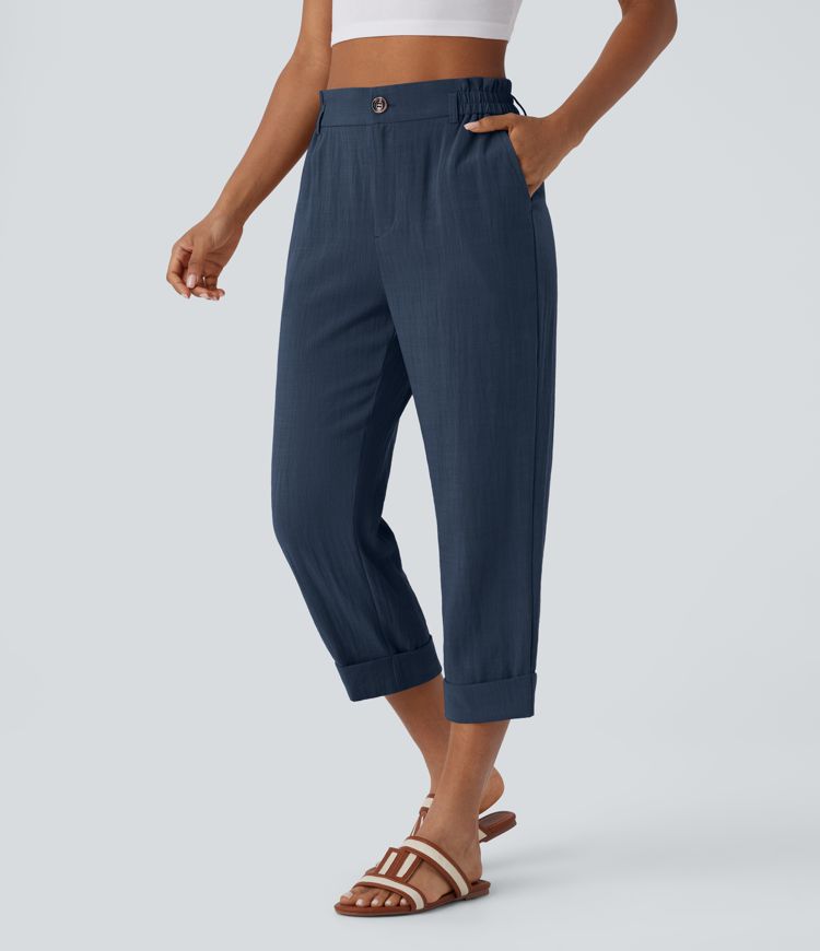 Marie - pantalon capri effet lin taille haute avec poches zippées
