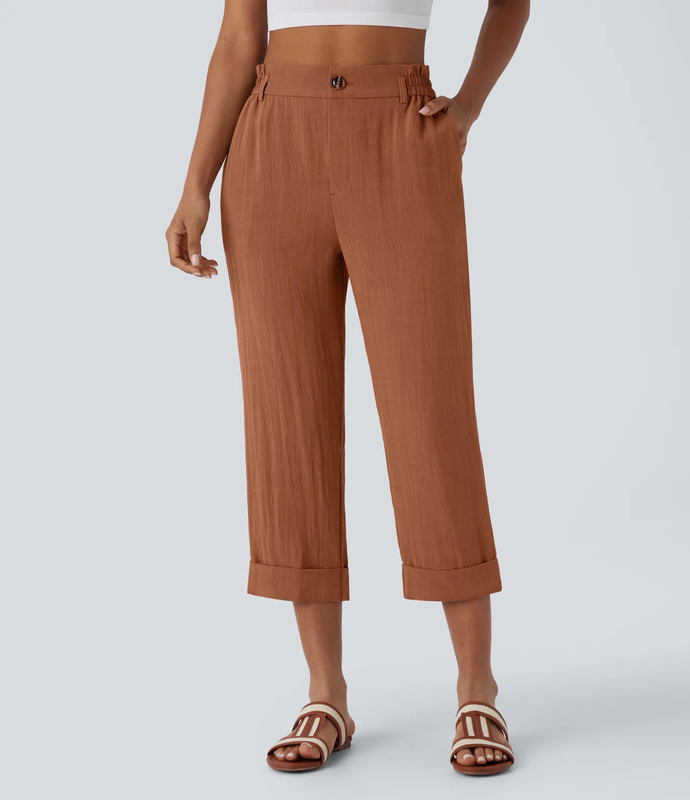 Marie - pantalon capri effet lin taille haute avec poches zippées