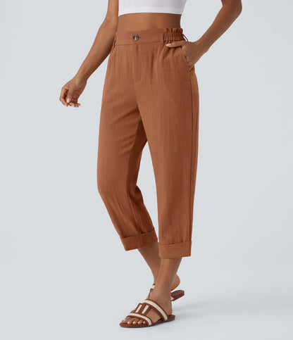 Marie - pantalon capri effet lin taille haute avec poches zippées